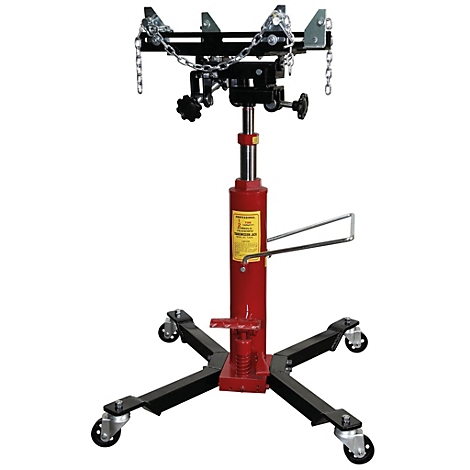 Ein roter Getriebeheber steht auf einem schwarzen, rollbaren Fuß. Über dem Heber befindet sich eine Halterung.